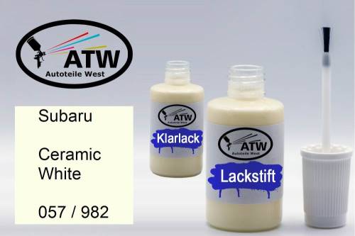 Subaru, Ceramic White, 057 / 982: 20ml Lackstift + 20ml Klarlack - Set, von ATW Autoteile West.